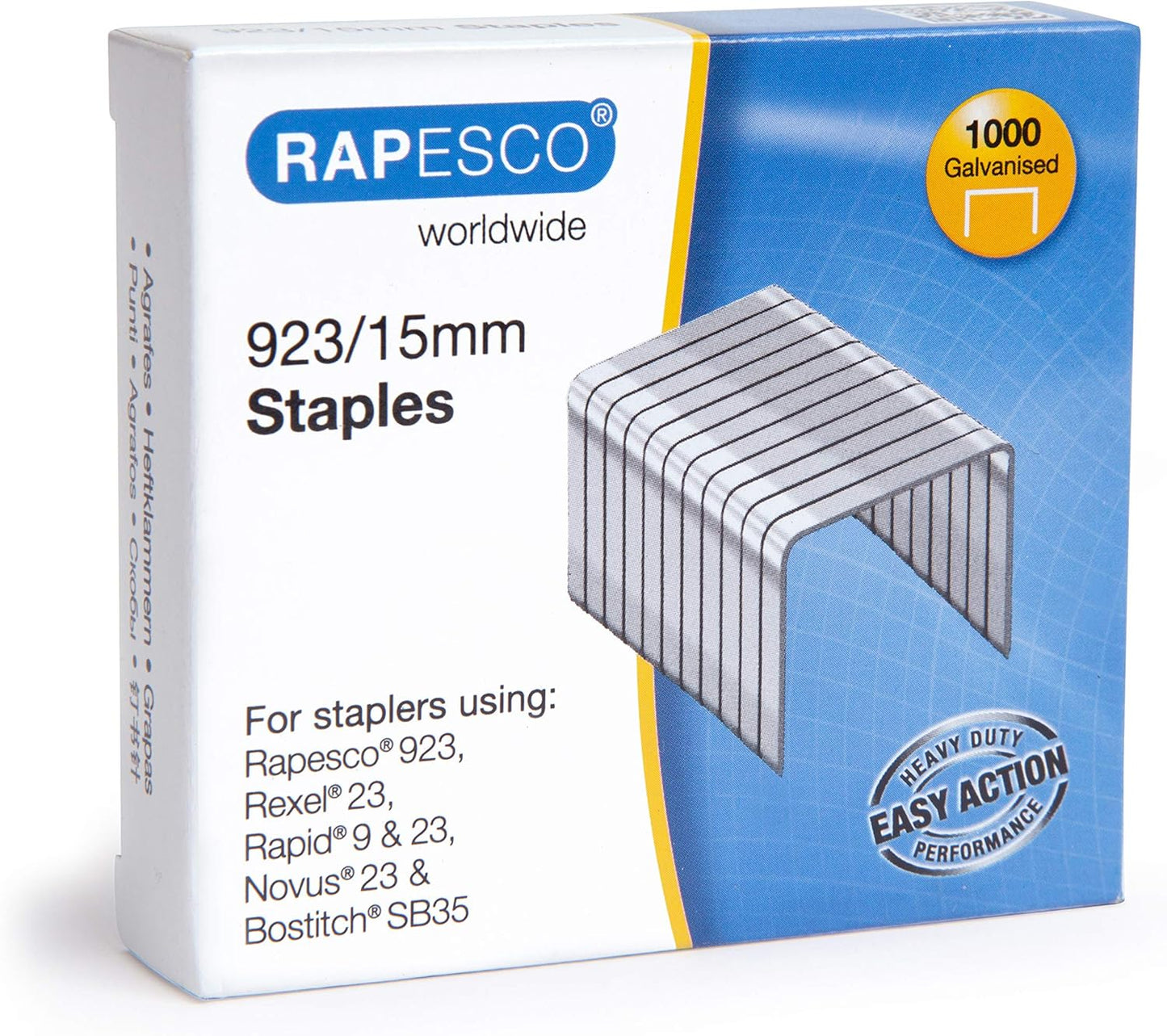 Rapesco 1239 923/15mm Galvanised Staples, Type 23, Box of 1000