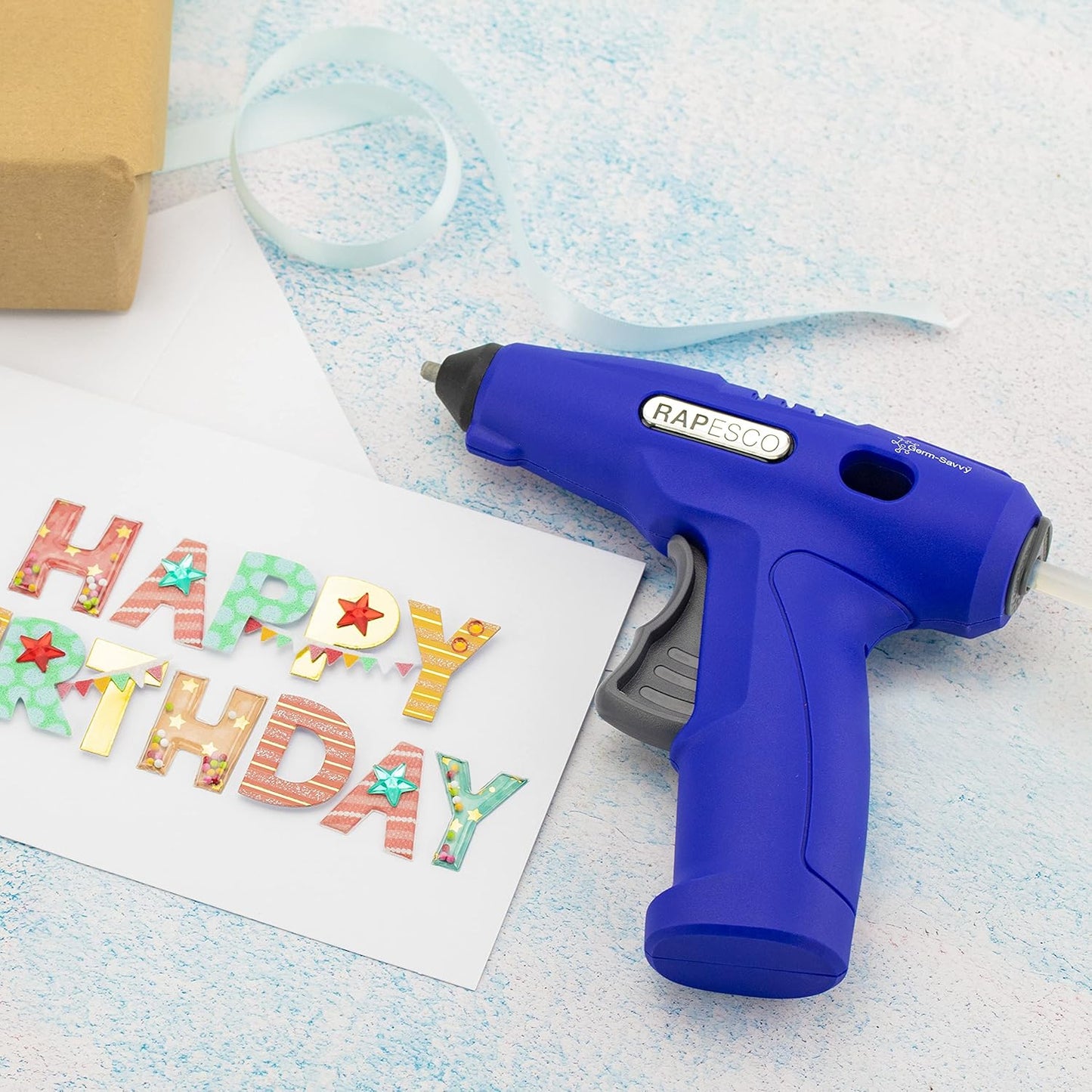 Rapesco 1635 Germ-Savvy Antibacterial, G4-7 USB Cordless Hot Melt Glue Gun with Integrated 4V Lithium-Ion Battery, Blue