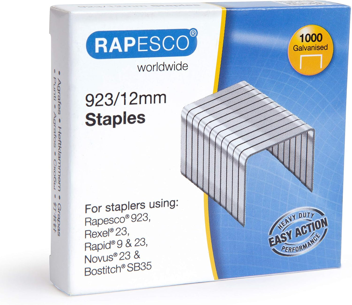 Rapesco 1238 923/12 mm Galvanised Staples, Type 23, Box of 1000