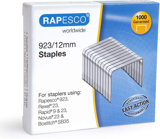 Rapesco 1238 923/12 mm Galvanised Staples, Type 23, Box of 1000