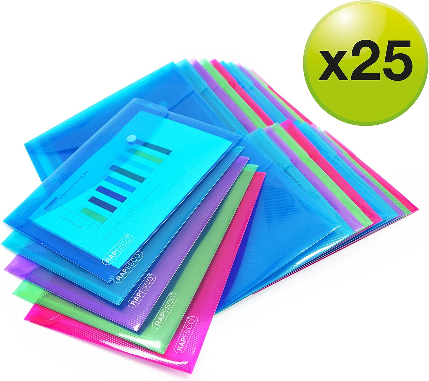 Rapesco 1498 Popper Wallets, A5, Assorted Transparent Colours, Pack of 25