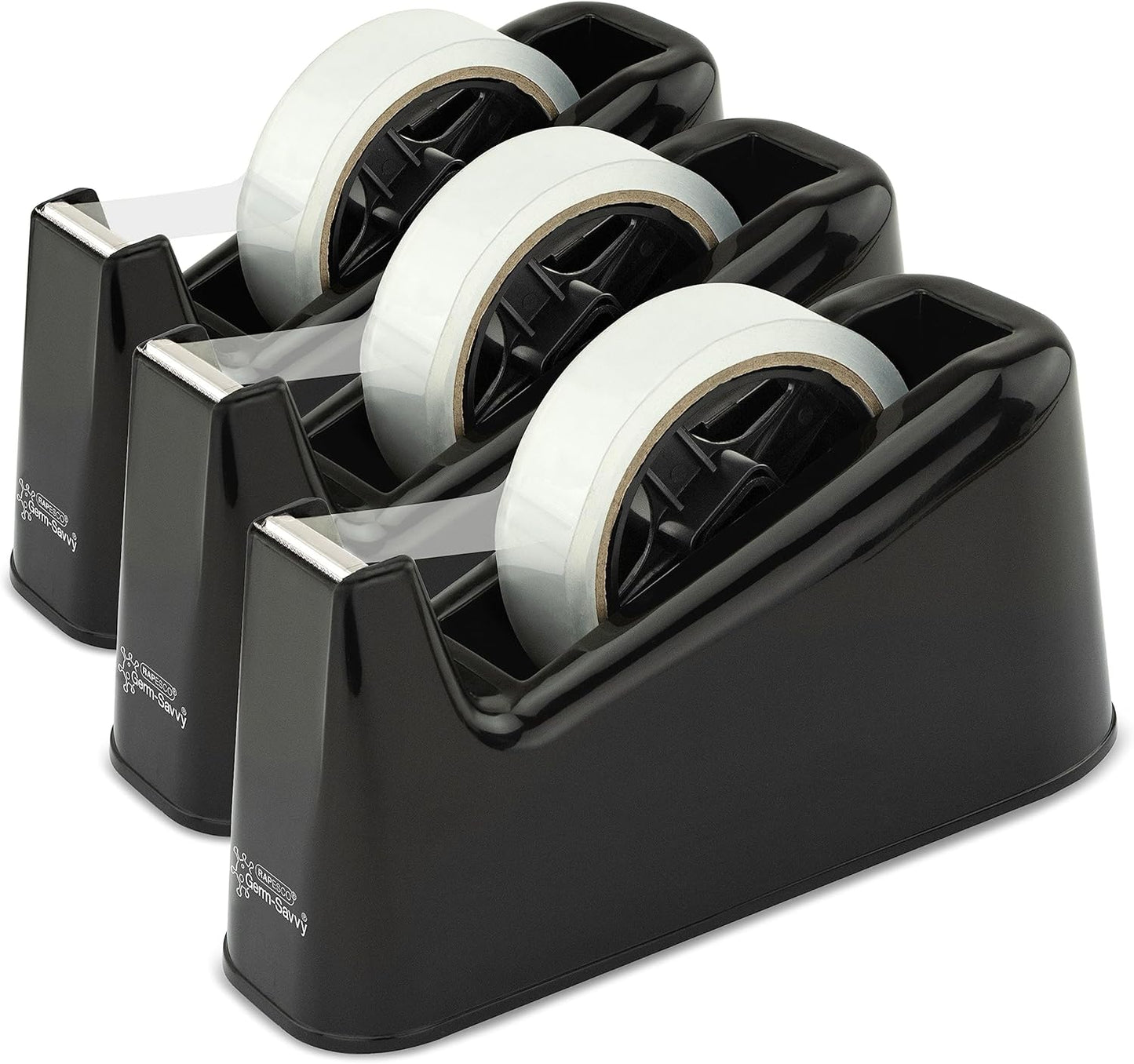 Rapesco 1740 Business Pack: 3 Germ-Savvy Antibacterial 500 Heavy-Duty Tape Dispensers and 3 Clear Tape Rolls, Black