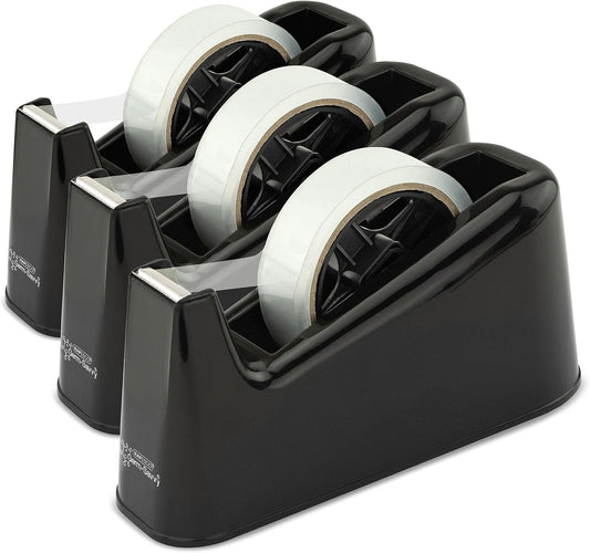 Rapesco 1740 Business Pack: 3 Germ-Savvy Antibacterial 500 Heavy-Duty Tape Dispensers and 3 Clear Tape Rolls, Black