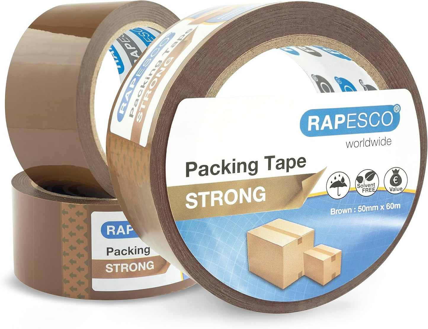 Rapesco 1750 Strong Packing Tape 50mm x 60m, Brown, Pack of 3