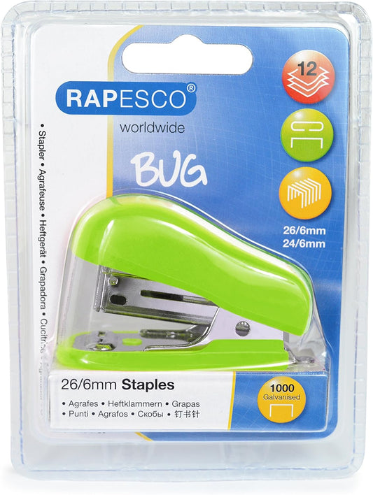 Rapesco 1411 Bug Mini Stapler with 1000 x 26/6mm Staples, Green