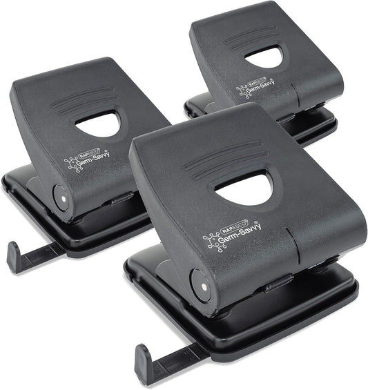 Rapesco 1738 Business Pack: Germ-Savvy Antibacterial 827-P 2-Hole Punch, 30 Sheet Capacity, Black, Pack of 3