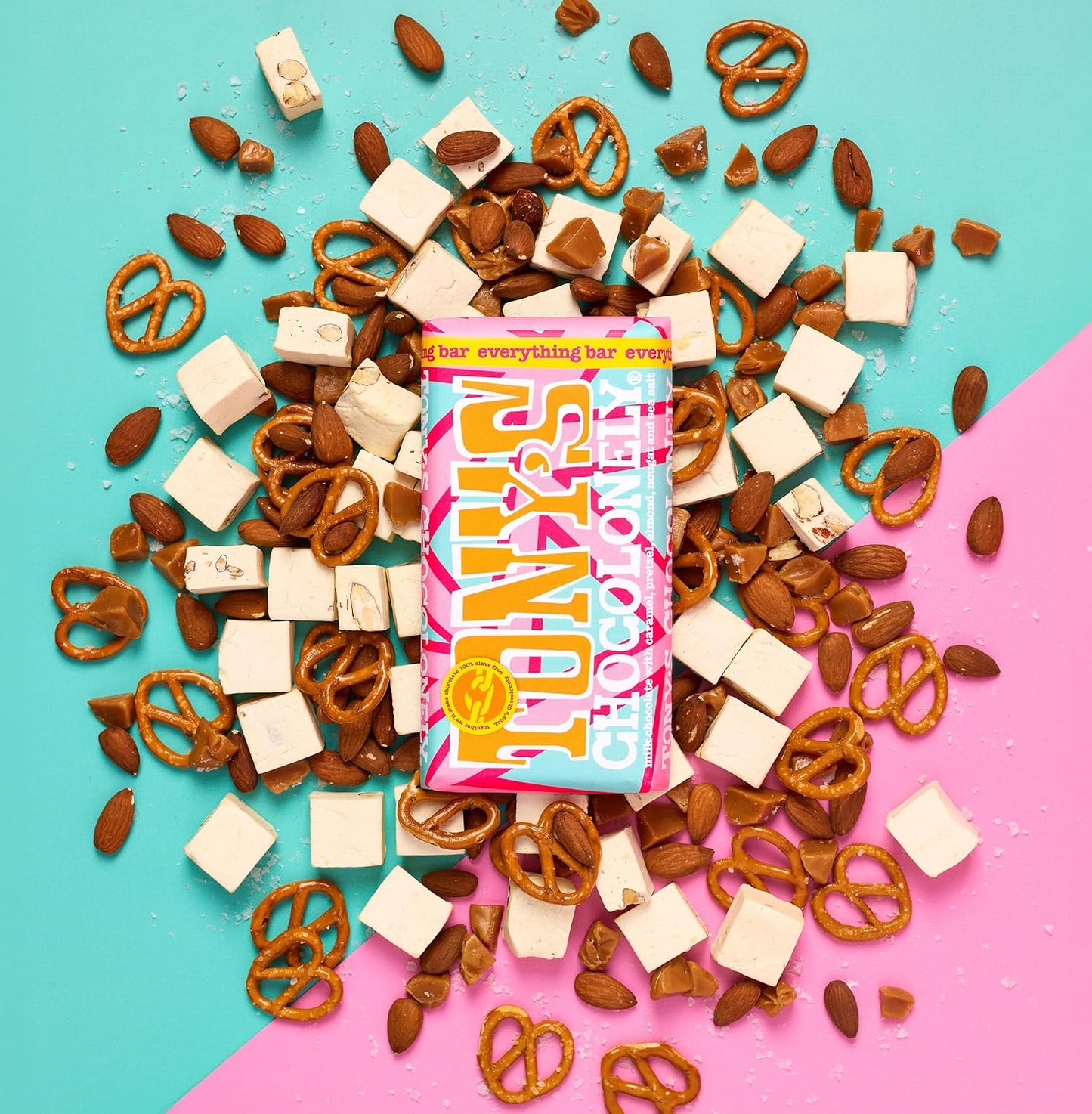 Tony's Chocolonely Everything Bar - Milk Chocolate, Crunchy Caramel, Almonds, Pretzel, Nougat and Sea Salt - 180g, Fairtrade