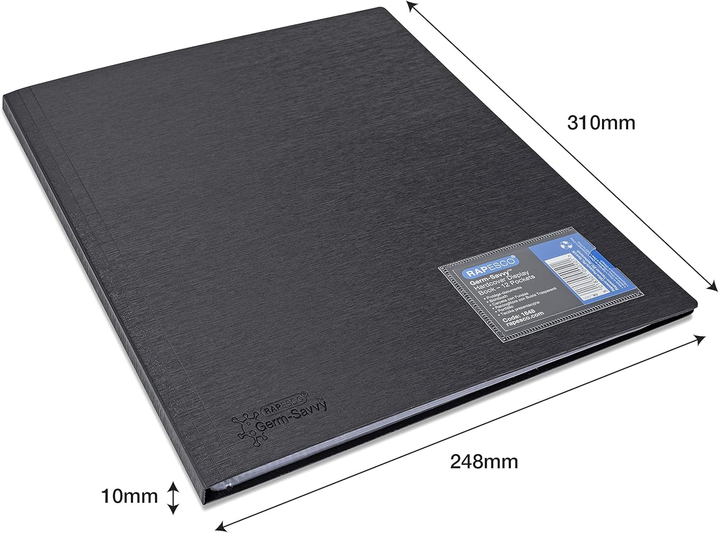 Rapesco 1648 Germ-Savvy Antibacterial, Hardcover Polypropylene Presentation Folder 12 Pockets A4, Black