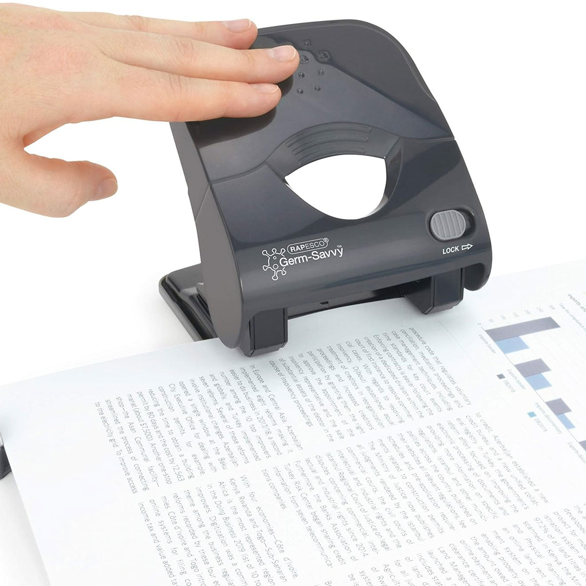 Rapesco 1633 Germ-Savvy Antibacterial, ECO Luna Less Effort Stapler & ECO X5-40ps Less Effort Hole Punch Set, Dark Grey