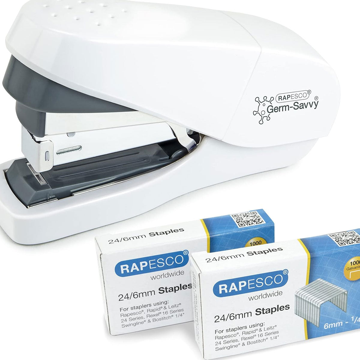 Rapesco 1689 ECO Less Effort Flat Clinch Stapler with 2000 Type 24/6mm Staples, 35 Sheet Capacity, White