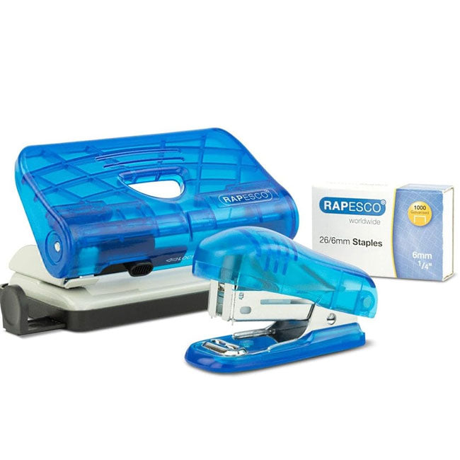 Rapesco 1719 Bug Stapler and 810-P 2-Hole Punch Set with 1000 26/6mm Staples, Transparent Blue